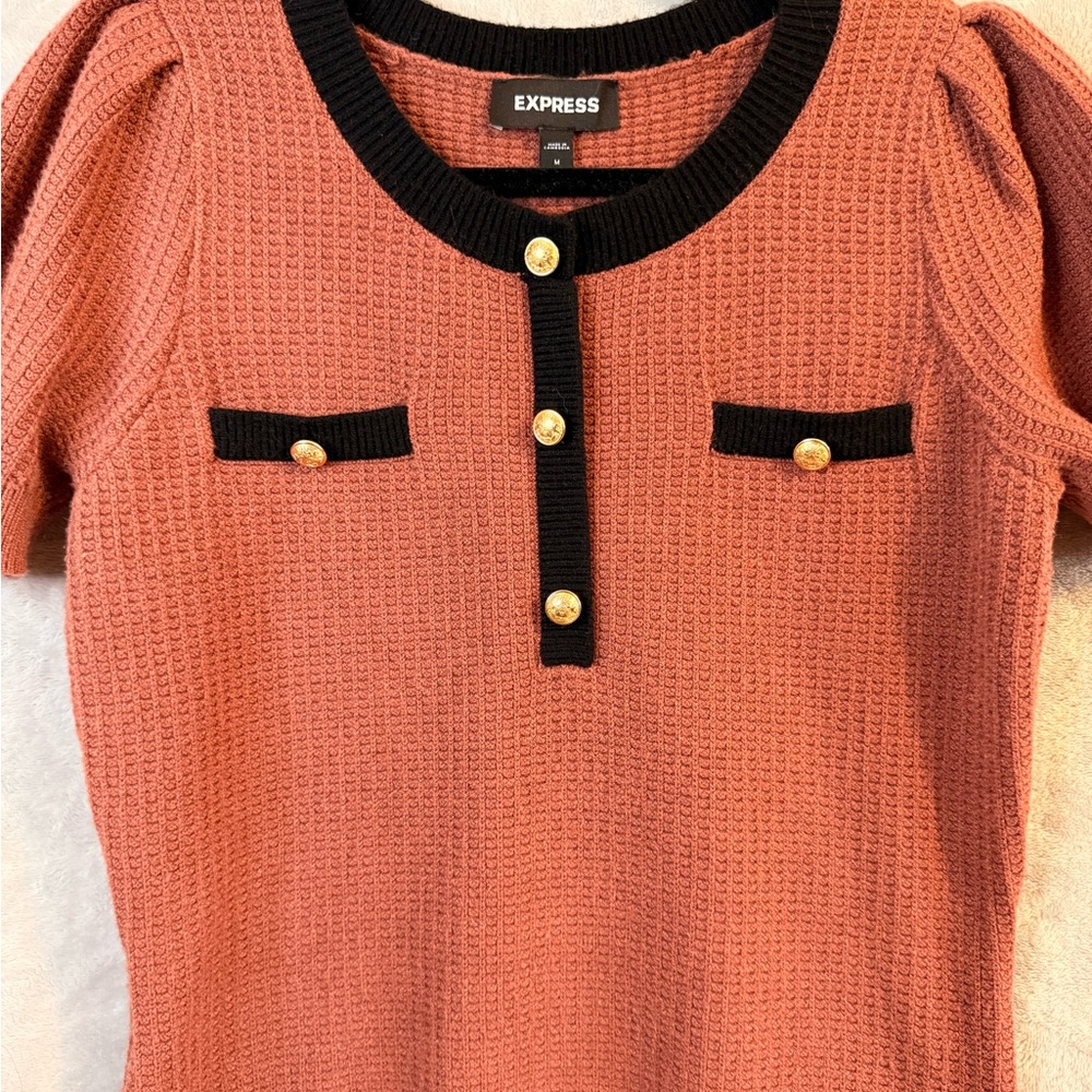 Express Coral Knit Short Sleeve Top with Black Trim and Gold Buttons